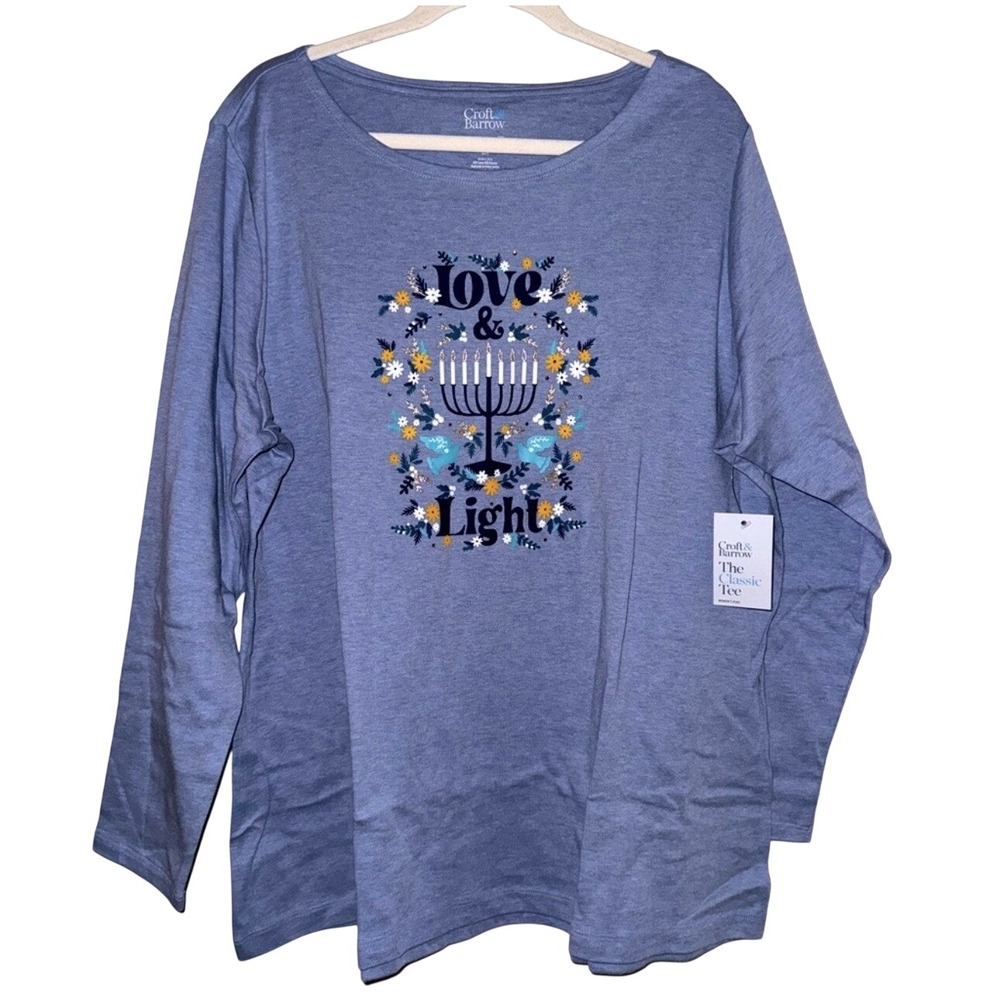 Croft & Barrow The Classic Tee 2X Plus Size Long Sleeve Hanukkah Love & Light